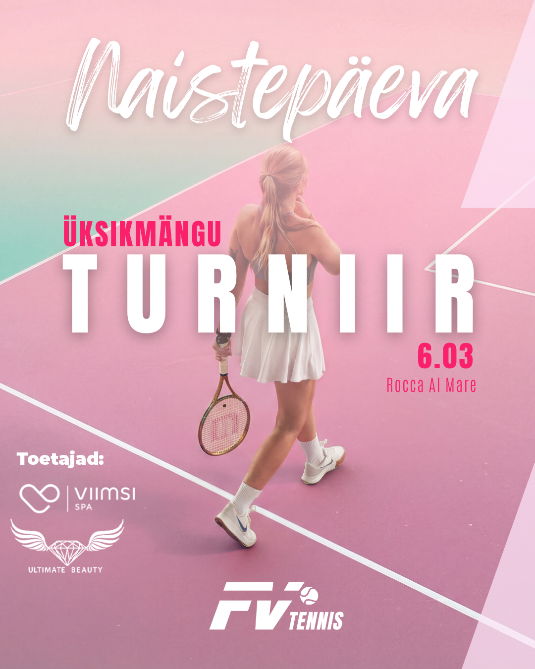 naistepaeva-uksikmang-tennis girl with tennis racket on a pink court